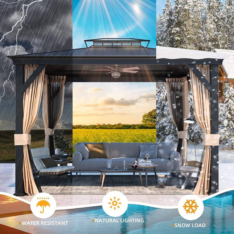 Erommy Pro Series Outdoor Galvanized Steel Roof Gazebo Pergola w/ Aluminum Frame & Vertical Rain Cutter