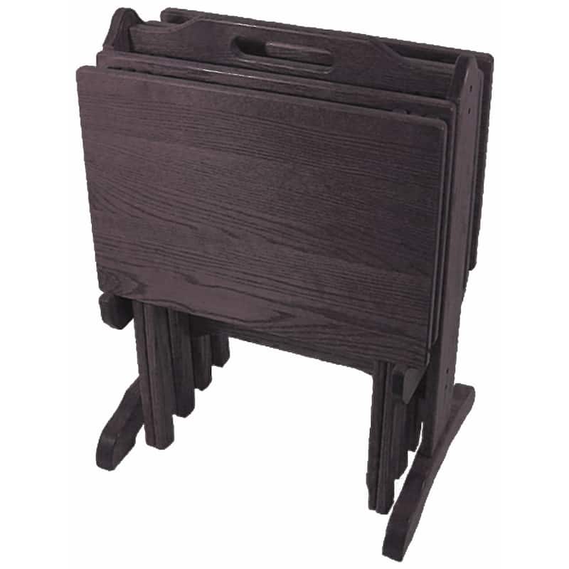 Oak Folding TV Tray Set with Storage Stand