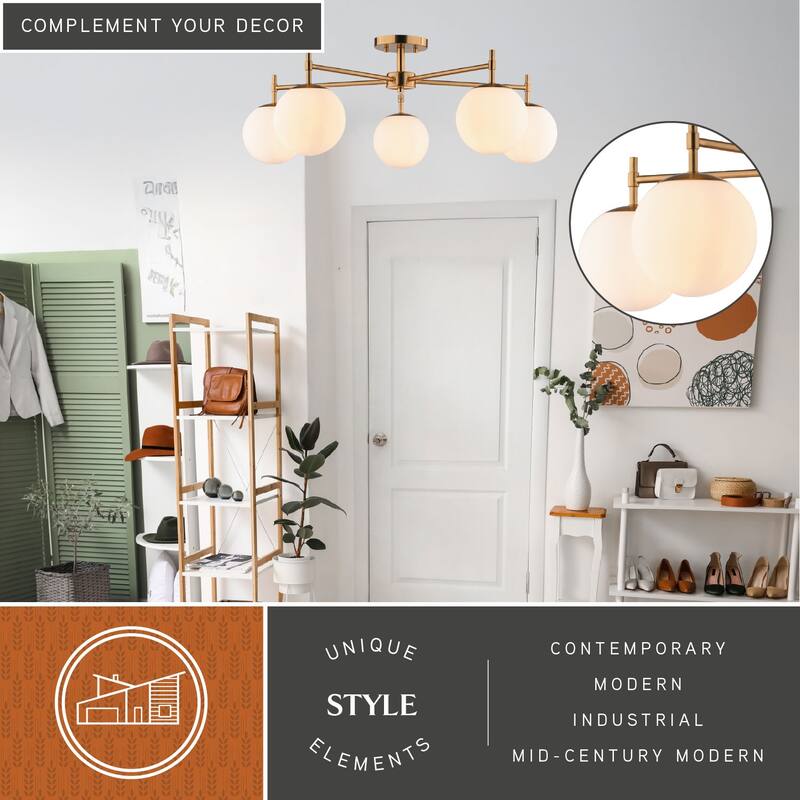 VAXCEL Armitage 5-Light 32 in. Wide Mid-Century Modern Globe Semi Flush Mount Ceiling Lighting Fixture. LED Compatible