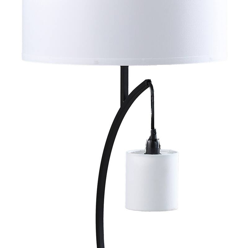Jiya 29 Inch Arc Table Lamp, Hanging Design, 2 White Drum Shades, Black