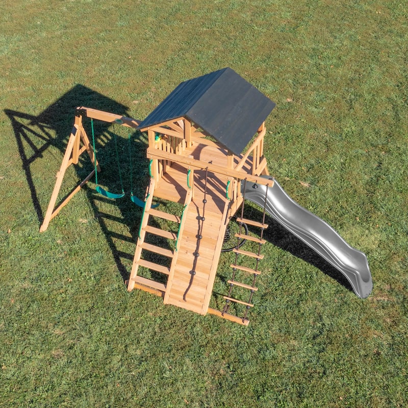 Backyard Discovery Endeavor Cedar Wood Swing Set, Slide, Play Deck