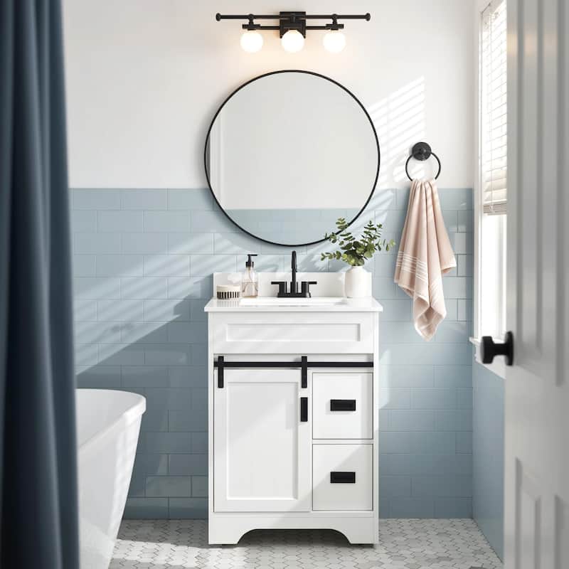 Homy Casa 24" Farmhouse Bathroom Vanity with Single Undermount Sink and Sliding Barn Doors - Wood Finish - White