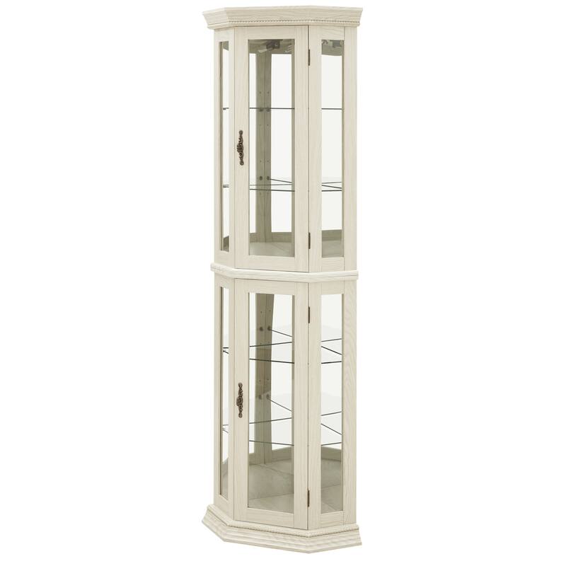 Lighted Corner Curio Display Cabinet, Wooden Curio Cabinet with Mirrored Back Panel, Bar Cabinet with Tempered Glass Doors