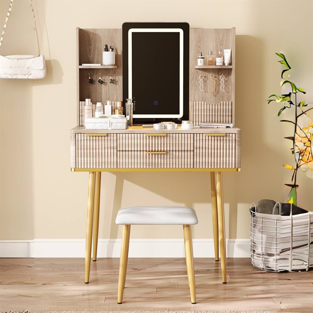 4-Drawer Vanity Desk with LED Mirror & Carved Details, Metal Legs and PU Stool