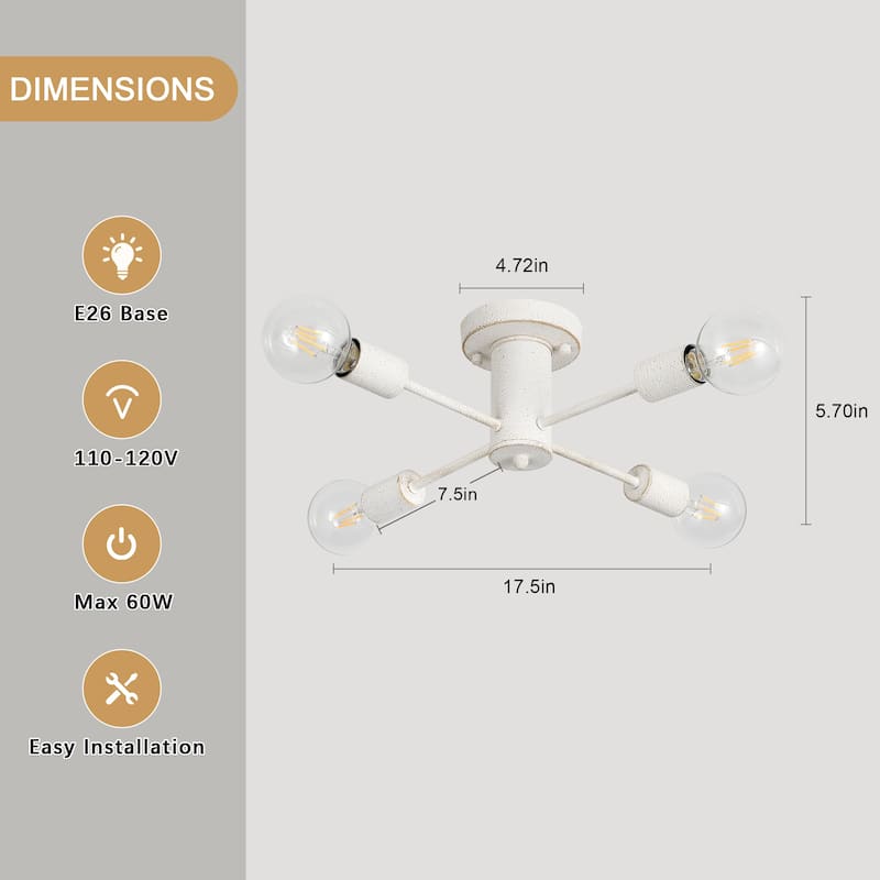 4-Light Industrial Semi Flush Mount Ceiling Light for Kitchen Dining Room Bedroom Study Living Room - N/A