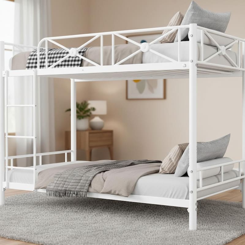 Metal Bunk Bed Twin Over Twin, with Safety Guard Rails - White