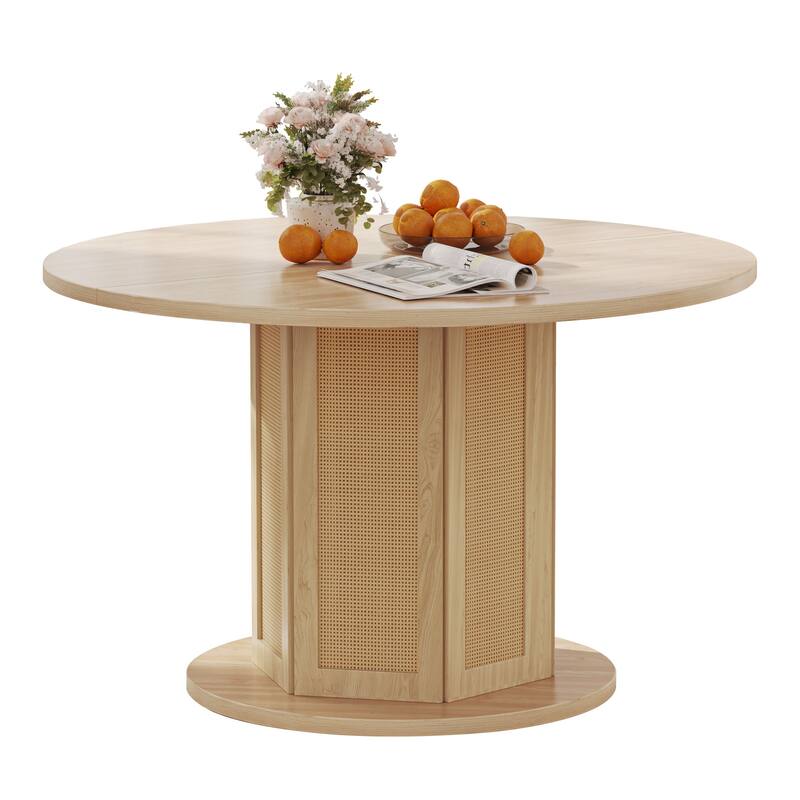 Moasis Round Pedestal Dining Table for 4 with Rattan Circular Base - Oak