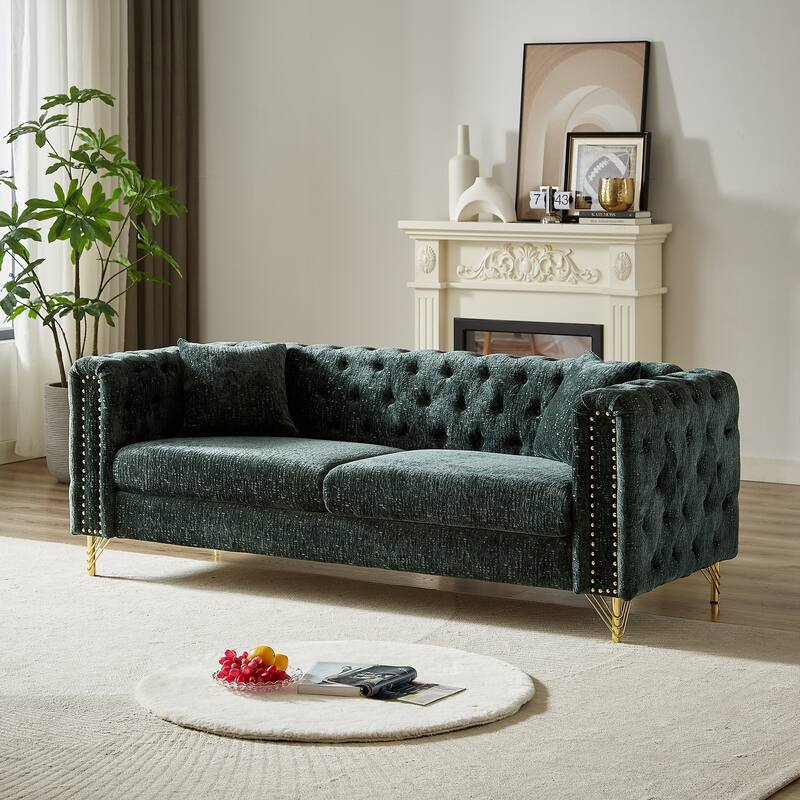 Chesterfield 60-Inch Chenille Sofa with Nailhead Trim and Metal Legs, Classic Button-Tufted Couch