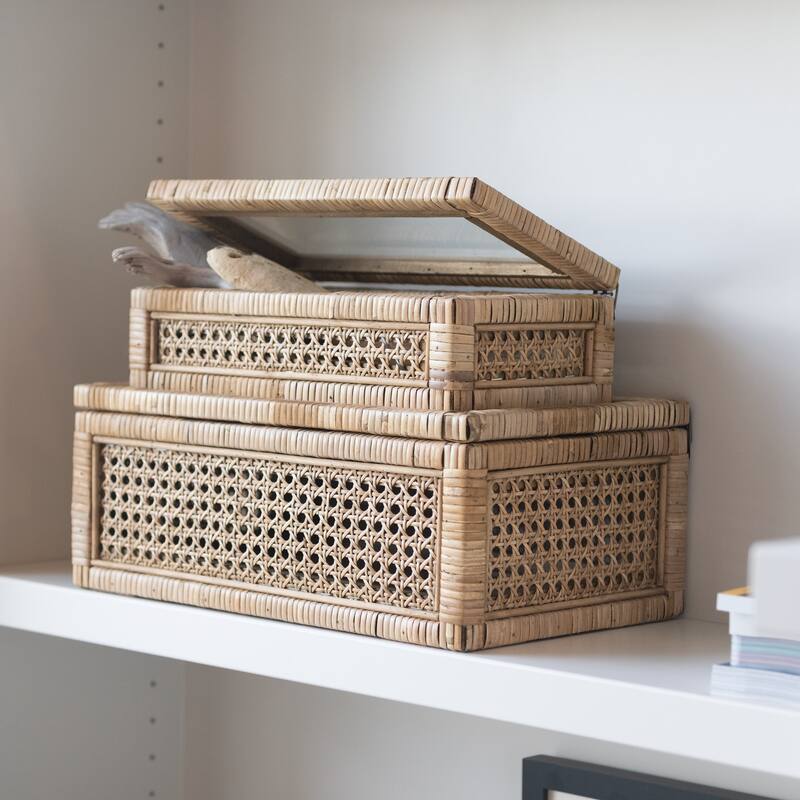 Woven Rattan Display Boxes with Glass Lids & Fir Wood Frame