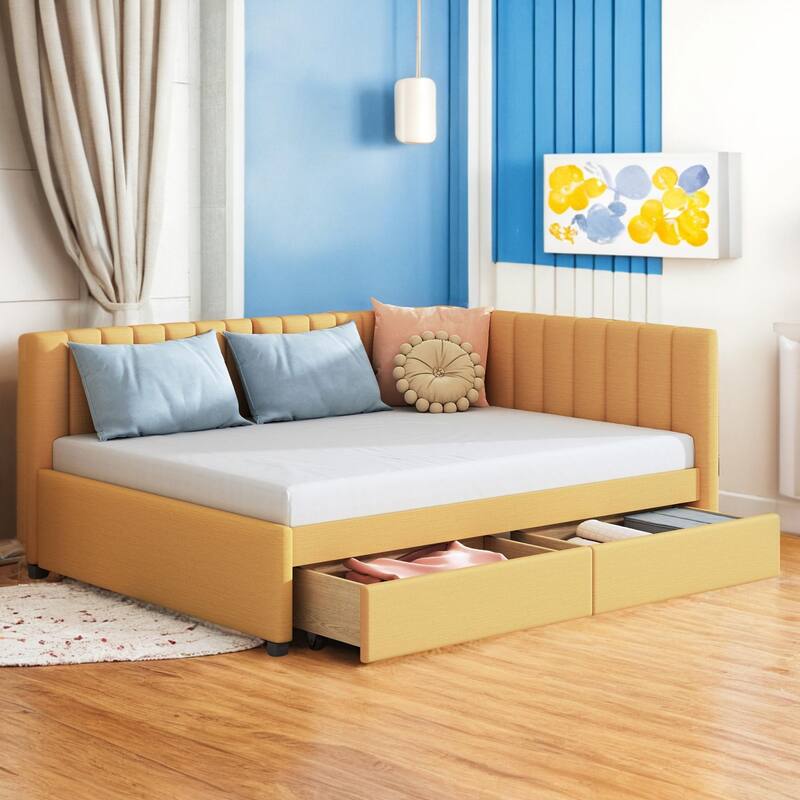Full Size Upholstered Daybed with 2 Storage Drawers Sofa Bed Frame No Box Spring Needed, Linen Fabric - Yellow