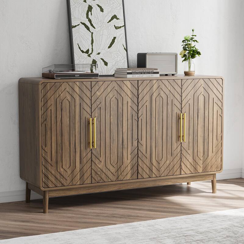 4 Door Carved Sideboard Cabinet with Curved Edges, Multifunctional Wood Storage Cabinet, Accent Cabinet with Adjustable Shelves