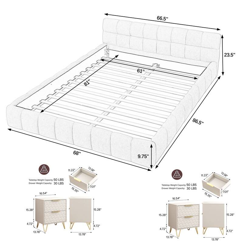 3-Pieces Bedroom Sets Upholstered Bed Frame with Thick Fabric,Solid Frame,2Nightstands with 2 Drawers,Gold Legs & Handles