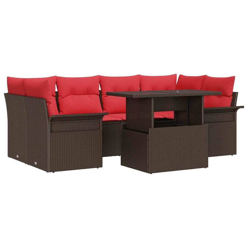 vidaXL 7 Garden Sofa Set with Cushions Black/Brown/Grey Poly Rattan - 92.1 x 52.2 x 27.2