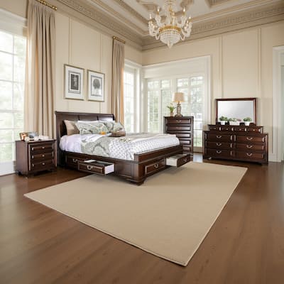Lio Four Piece Queen Size Bedroom Set, Cherry Brown Wood Inlay Design, Silver Metal Handles