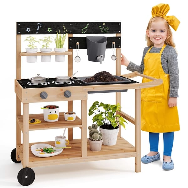 slide 2 of 9, Outdoor Fir Wood Play Kitchen with Blackboard and Planting Pots-Natural - Multi Multi