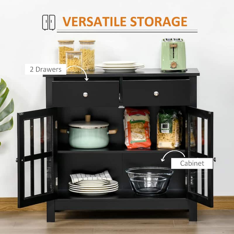 Black Sideboard Cabinet with Glass Doors and Drawers Multi-Functional Storage Buffet TV Console for Dining Kitchen Living Room