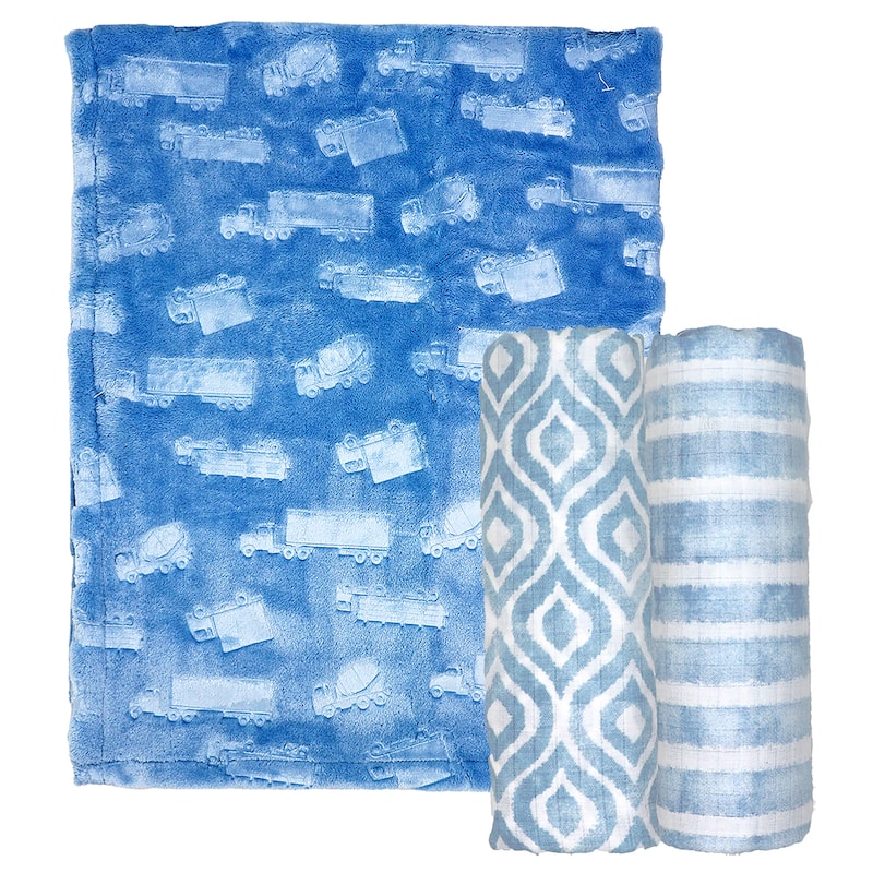 Baby Boys and Baby Girls 3 Piece Blanket Gift Set - Blue/White
