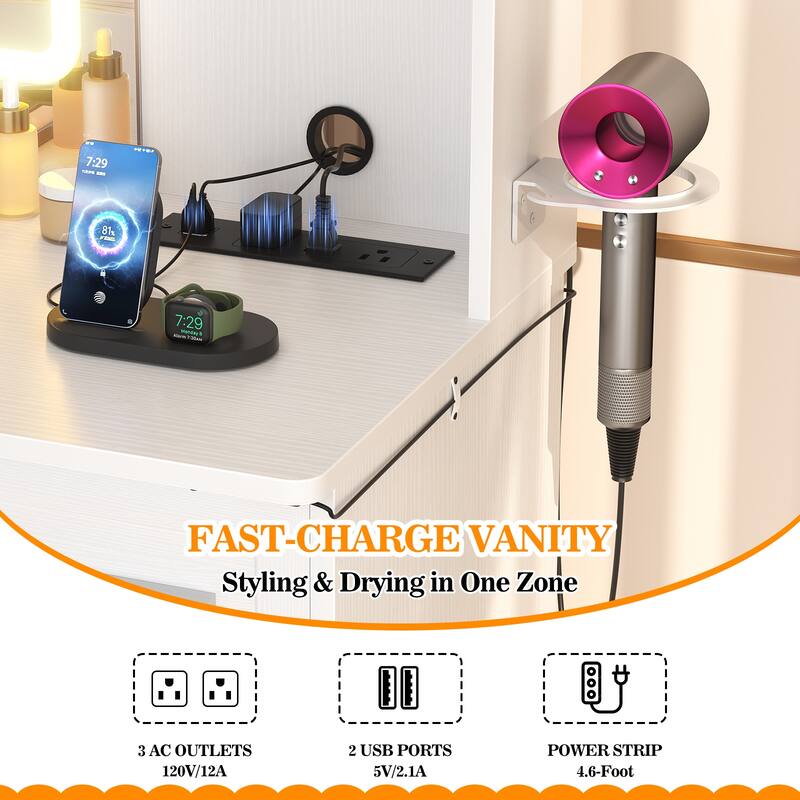 Modern Farmhouse Vanity Table with LED Mirror, Makeup Vanity Desk with Drawer, Cabinet, and Shelves