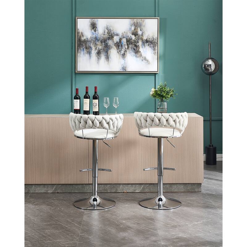 Set of 2 Bar Stools, with Chrome Footrest and Base, Swivel, Height Adjustable Mechanical Lifting, Velvet Upholstered