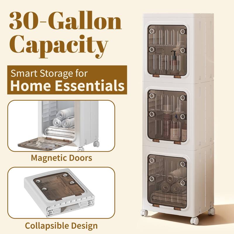 VECELO White 3-Tier & 4-Tier Narrow Storage Bins Foldable Stackable ABS Organizer Bins with Wheels for Bathroom Living Room