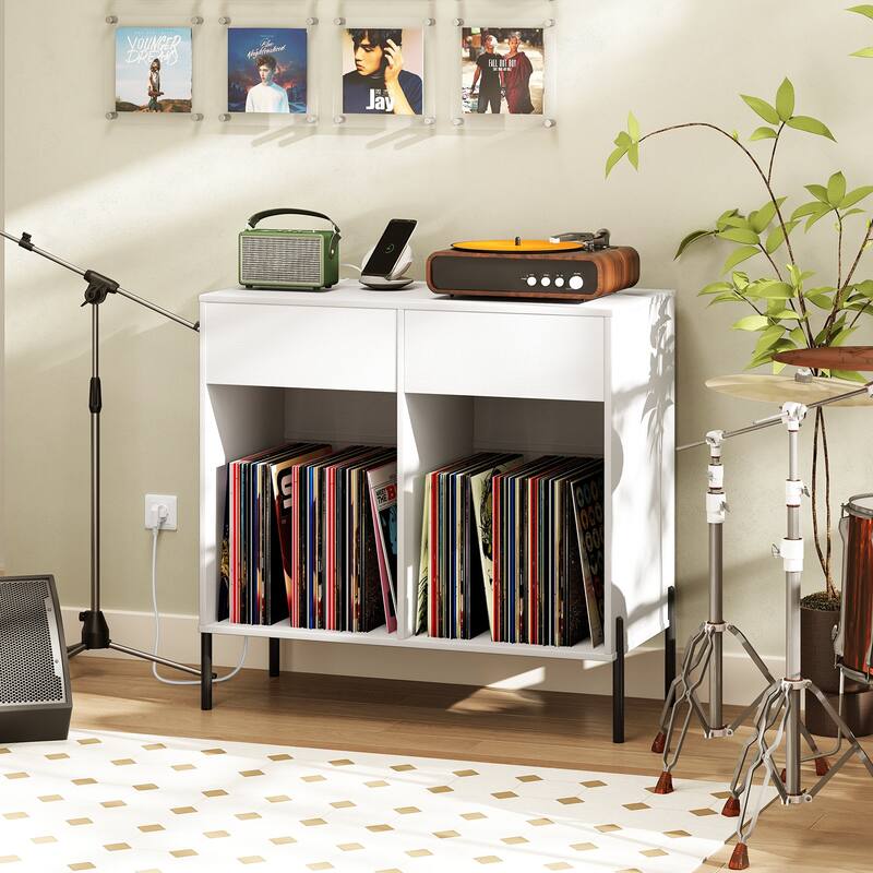 Modern Record Stand with USB Charging Station and 2 Drawer Storage Vinyl Album Organizer Shelf - 31.5" x 16" x 30.5" - White