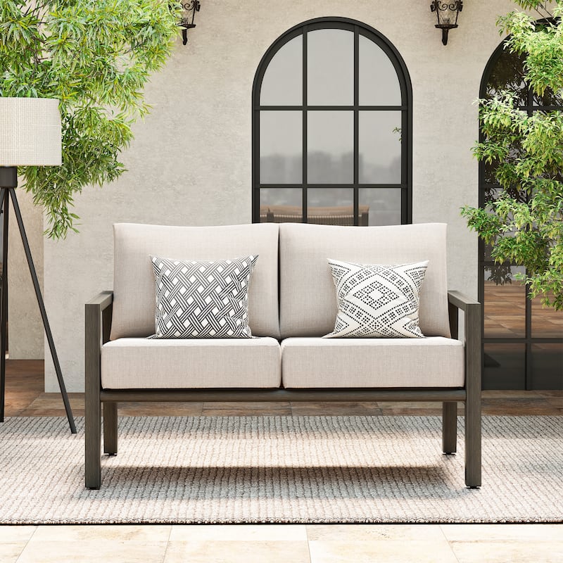 Nimbus 2-Person Brown Aluminum Patio Loveseat with Sunbrella Light Gray Cushions