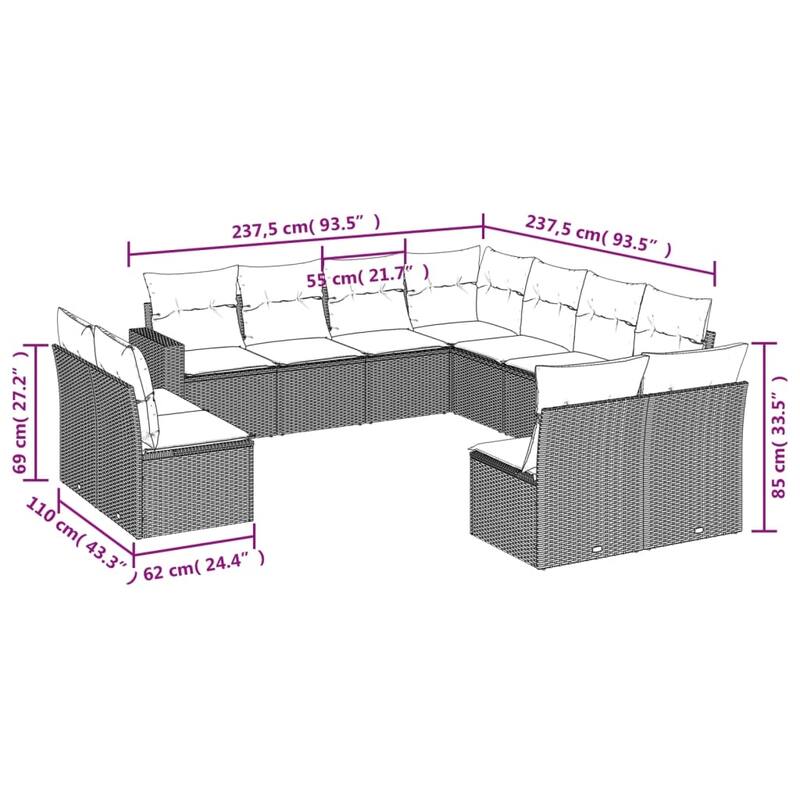 vidaXL Patio Sofa Set Brown PE Rattan 94.1 x 94.1 x 27.2 in - 24.4 x 25.8 x 27.2