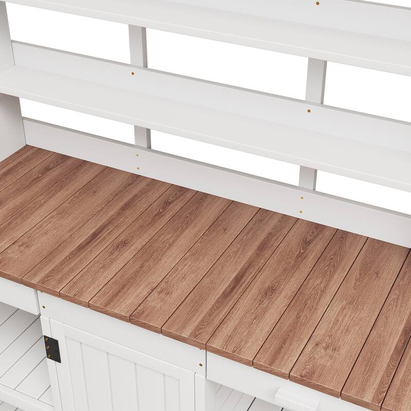 66" Large Outdoor Wooden Potting Bench Table with 2 Drawers, Cabinet and Open Shelves