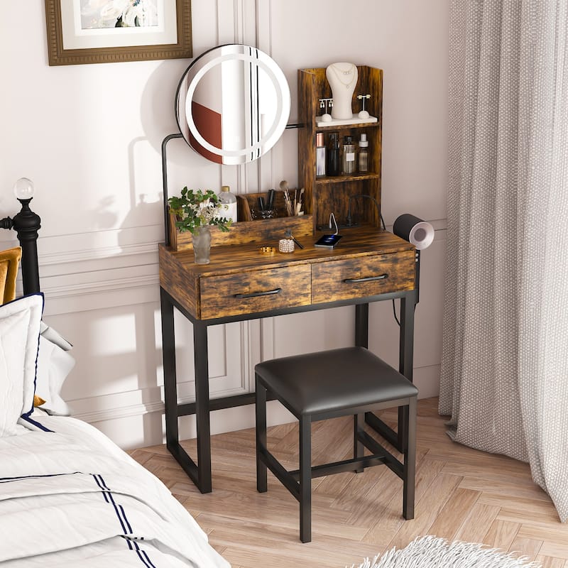 LED Makeup Vanity with Power Outlet - 3-Color Lights, 2 Large Drawers & Metal Chair, Dressing Table for Bedroom