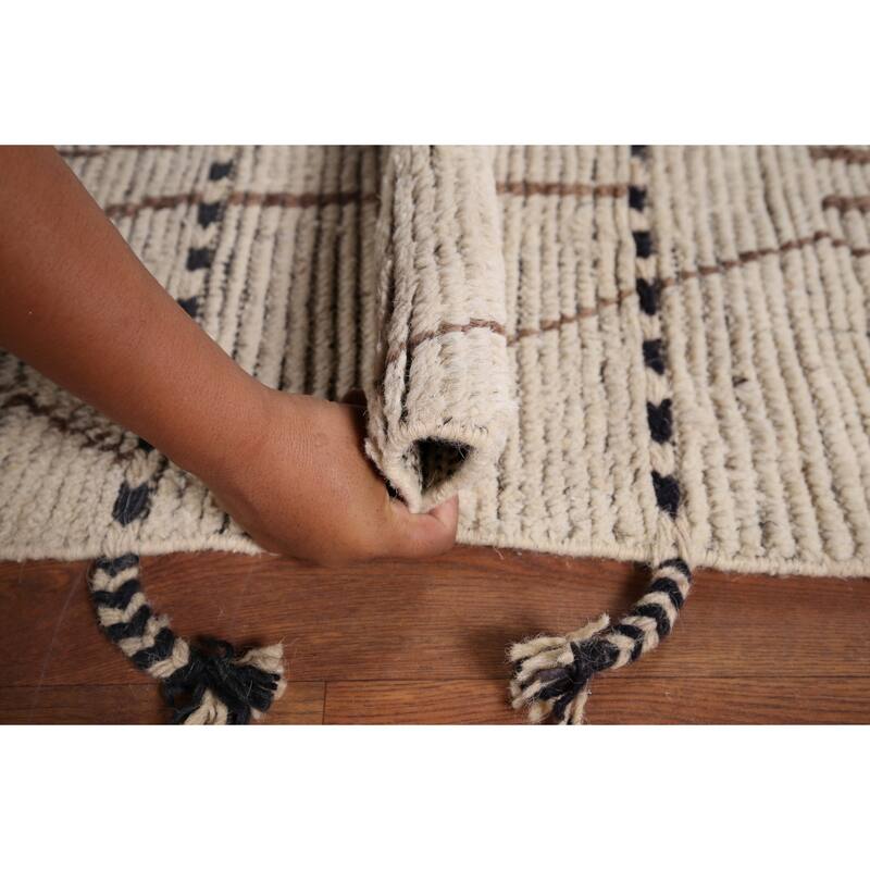 Earth Tone Moroccan Area Rug Handmade Stripe Wool Carpet - 8'8" x 12'11"