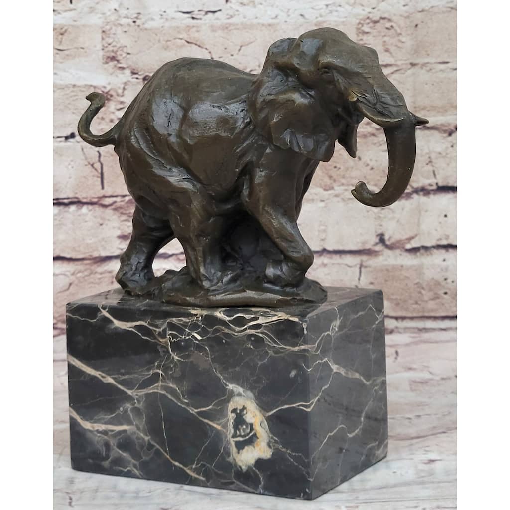 Miniature Imitative Elephant Bronze Metal Figurine Sculpture On Marble Base Signed Original