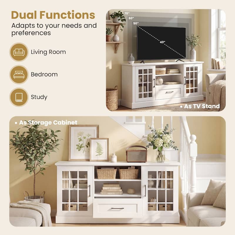 Gymax Farmhouse TV Stand for TVs up to 70'' Media Center w/Glass Doors