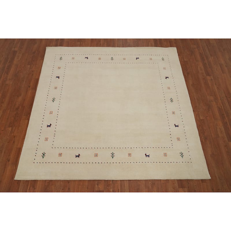 Hand Knotted Oriental 100% Wool Carpet Tribal Animal Pictorial Beige & Ivories Gabbeh Area Rug - 6' 5'' X 6' 7''