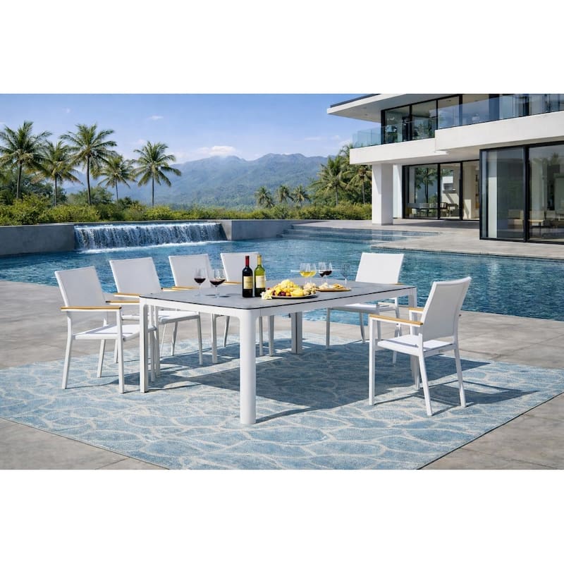Como White 7-Piece Aluminum Outdoor Dining Set with Sling Set in White - N/A