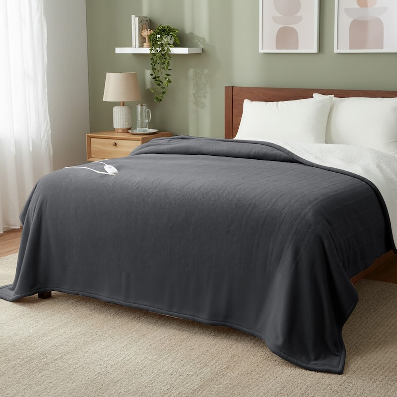 Flannel and Sherpa Fleece Throw Heated Blanket with a Controller