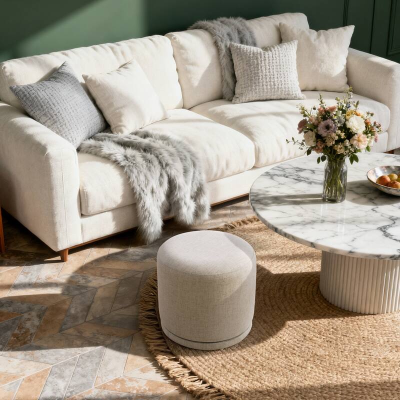 Fully Assembled Linen Round Swivel Ottoman Footstool with Acacia Hardwood Frame