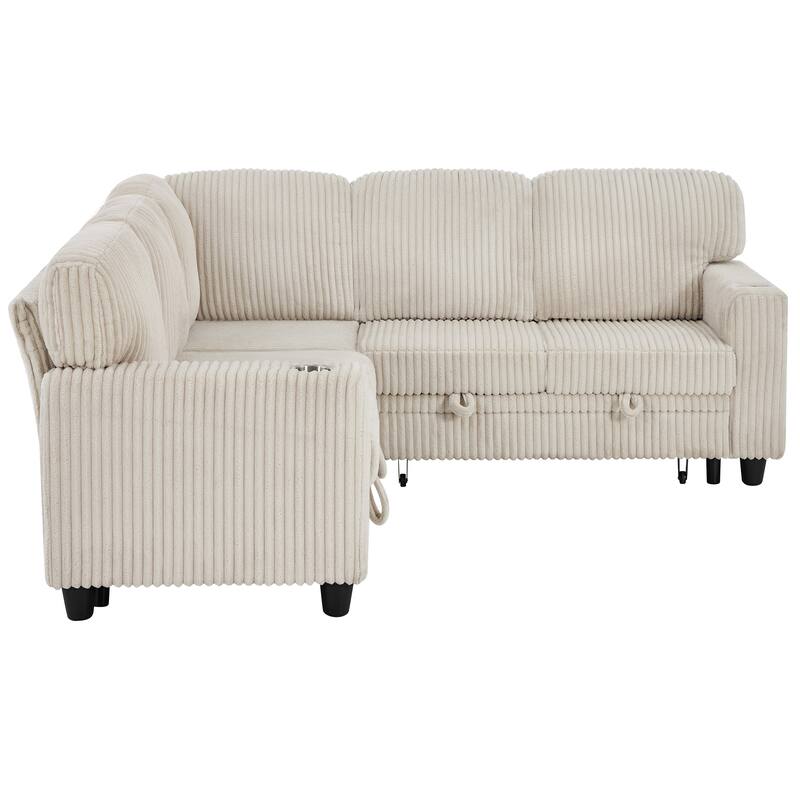 Oversized Corduroy Sectional Sleeper Sofa with Pull-Out Bed, L-Shaped 5-Seater Upholstered Couch Bed with USB Charging Ports