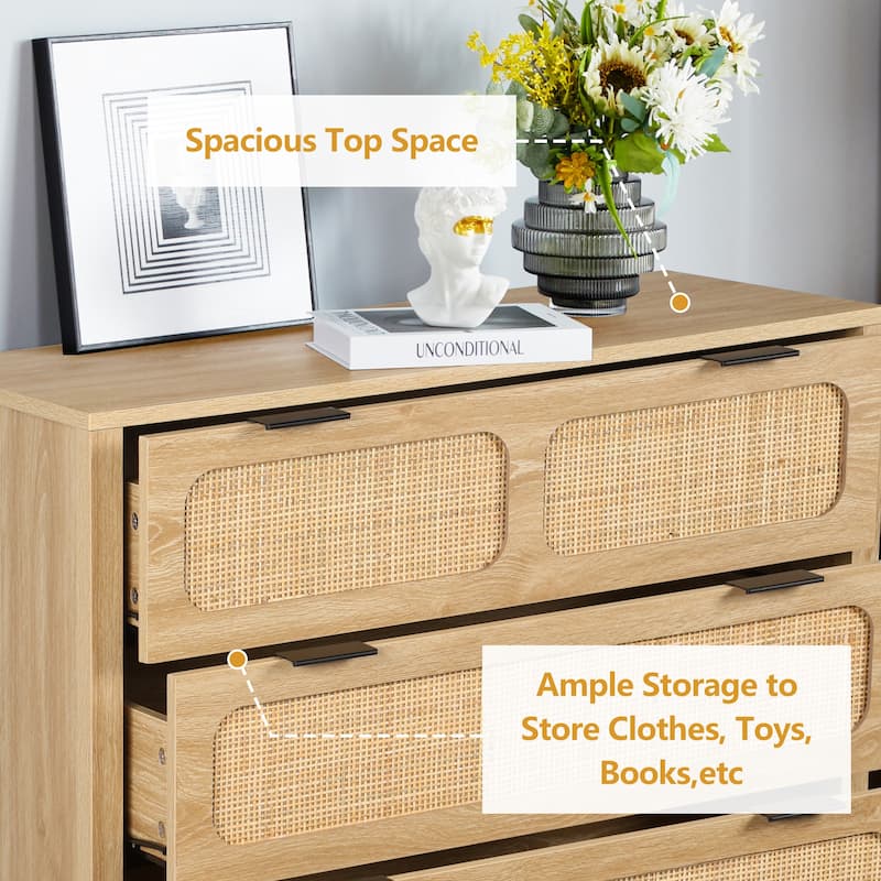 Wooden Rattan 5-Drawer Storage Cabinet Dresser