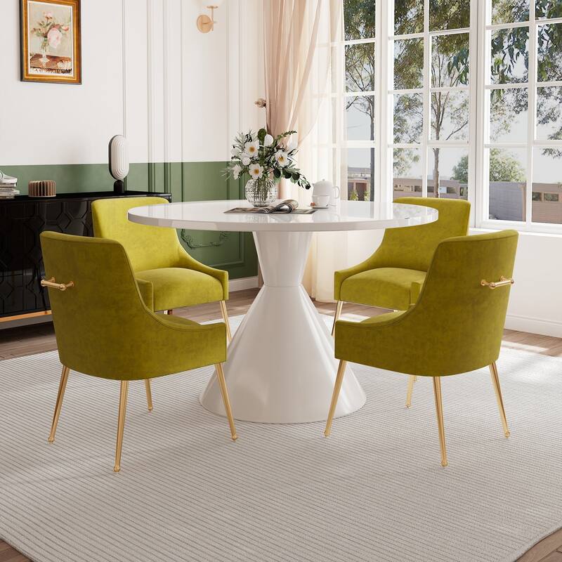 48" Light Luxury White High Gloss Large Countertop Dining Table with Velvet Dining Chair Set