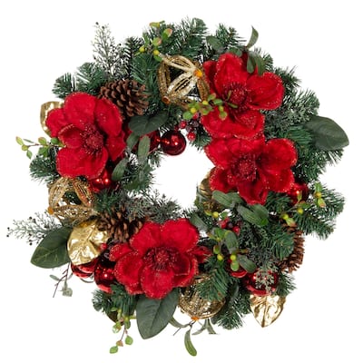 24 in. Lighted Christmas Wreath - Red Magnolia - Assorted