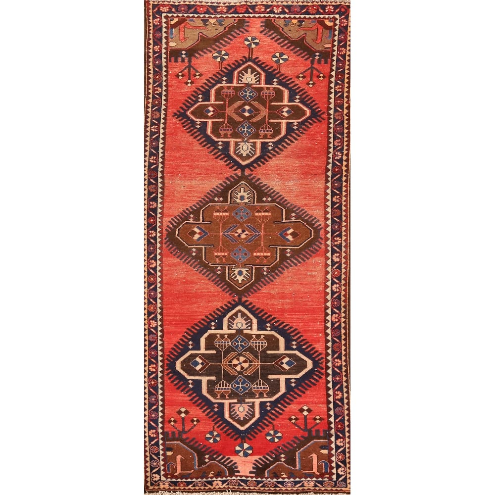 Hand Knotted Oriental 100% Wool Carpet Traditional Geometric Oranges & Rust Hamedan Runner Rug - 9' 8'' X 3' 7''