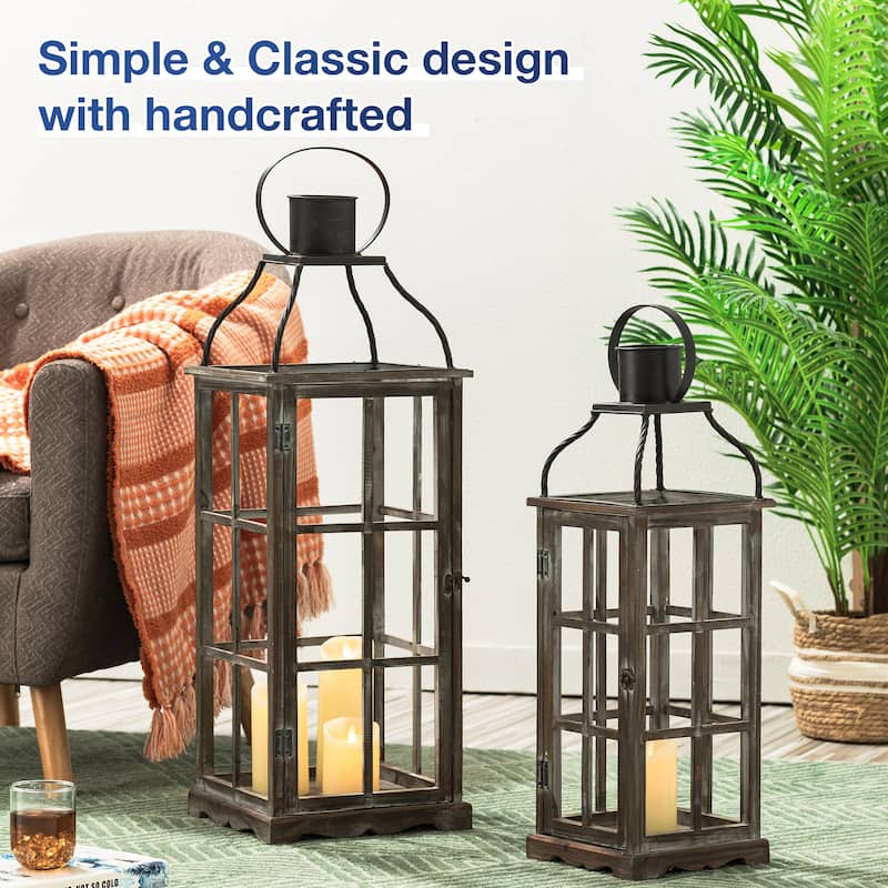 Glitzhome Farmhouse Wooden Metal Cage Candle Holders Patio Hanging Vintage Lanterns (Set of 2)