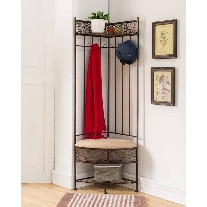 Copper Metal Corner Hall Tree with Storage Bench Hooks and Shoe Rack - 71'' H X 26'' W X 19'' D - Copper