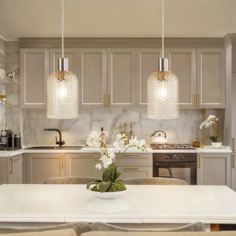 1/3-Light Modern Glam Bell-Shaped Adjustable Island Pendant Light with Clear/Blue/Amber Textured Glass