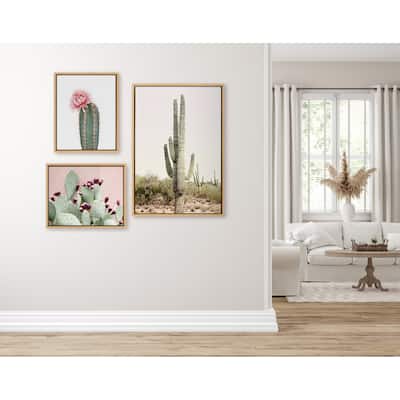 Kate and Laurel Sylvie Sunrise Cactus, Pink Cactus Flower and Cactus 25 Framed Canvas by Amy Peterson Art Studio