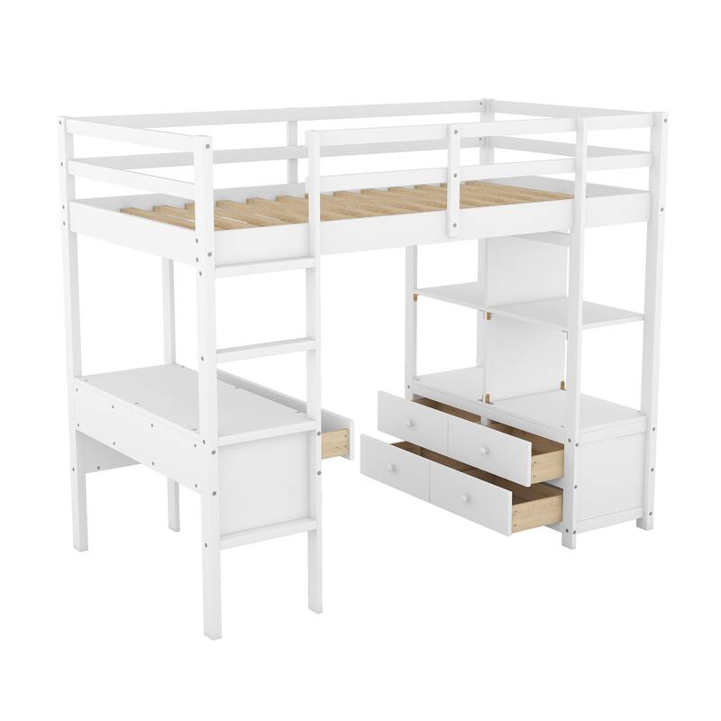 Pine Wood Loft Bed with Built-in Desk, Drawers, and Storage