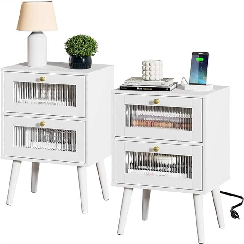 Nightstand with Charging Station - White of 2 set
