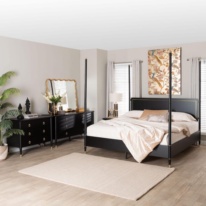 Baxton Studio Tamra Four-Poster Platform Bedroom Set - Black Wood Bed Frame with Matching Accents, Modern Transitional Furniture