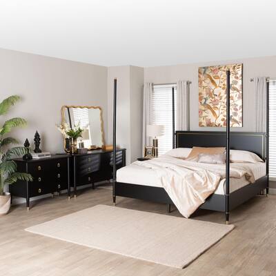 Baxton Studio Tamra Four-Poster Platform Bedroom Set - Black Wood Bed Frame with Matching Accents, Modern Transitional Furniture