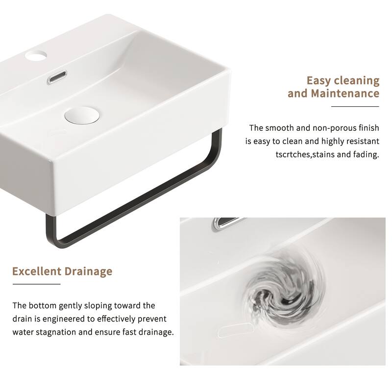 GDFStudio - Vale Modern Ceramic Wall Mounted Vessel Sink with Integrated Towel Bar and Faucet Hole